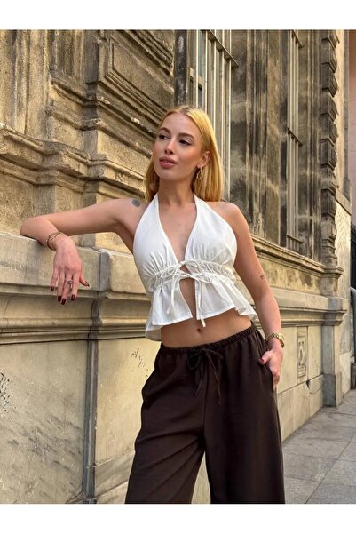 Cool & Sexy Halter Neck Tie-Detail Open Back Linen Blouse White