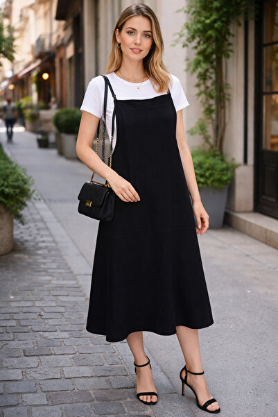 ELMODA Μαύρο φόρεμα με Γκαμπαρντίνα τιράντες, καθημερινό κομψό συνδυασμό