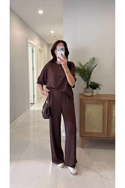 BİRCANÇİL Set bluză și pantaloni Virasta maro cu detalii cusute