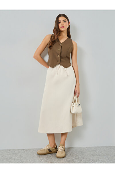 Take Two By Styli Beige Drawstring Waist Pleated Midi Skirt