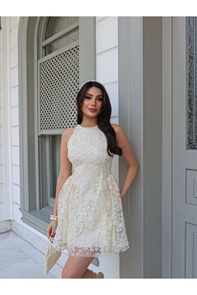 ESRAHELVACI Çiçek İşlemeli Pullu Mini Elbise