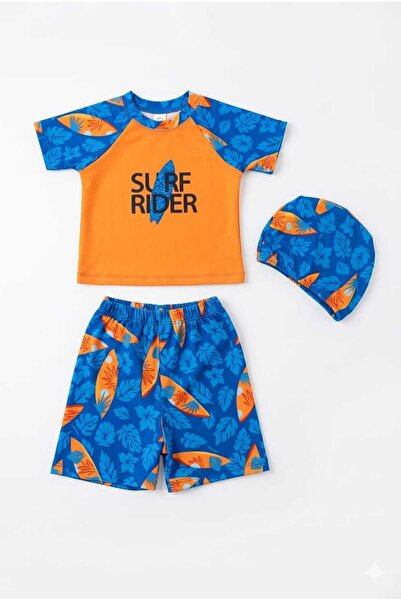 Beniizle Printed Patterned Boys' 3-Piece Swimsuit Set with Shorts