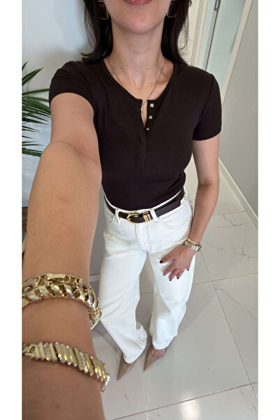 BİRCANÇİL Dlvin Siras Dark Brown Snap Button Short Sleeve Blouse