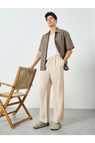 Take Two By Styli Men Beige Slant Pocket Pleated Straight Leg Pants