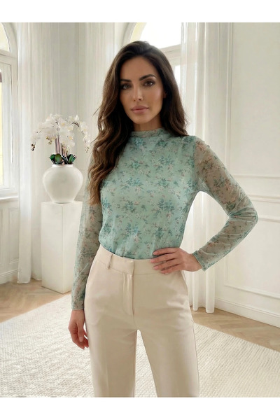UniqueStore.ro Elegant mint green tulle blouse with floral print and high col...