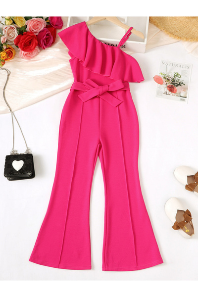 Take Two By Styli Girls Pink One Shoulder Ruffle Belted Jumpsuit