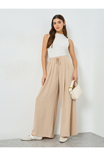 Take Two By Styli Beige Wide Leg Pleated Trousers