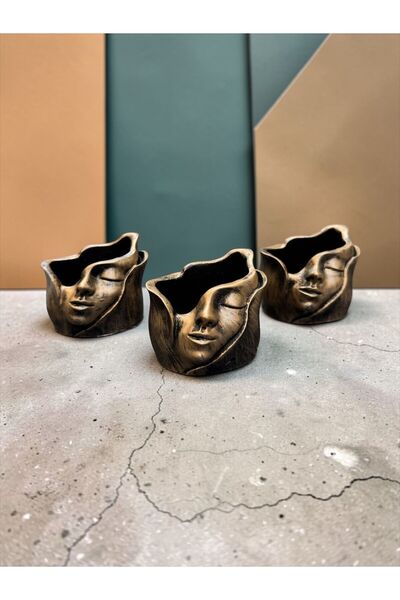 Peramari Dekoratif Polyester Üçlü Sukulent Saksı Yüz Biblo Gold Eskitme