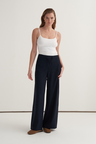 EBU Prive Women's Side Seam Detail Palazzo Pants Navy Blue