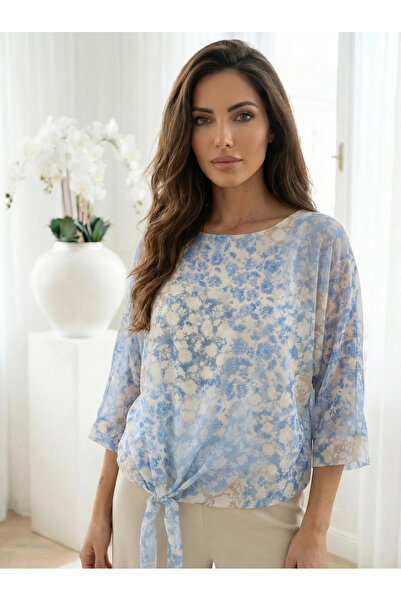 UniqueStore.ro Pastel Blue Floral Print Blouse with Waist Tie - One Size
