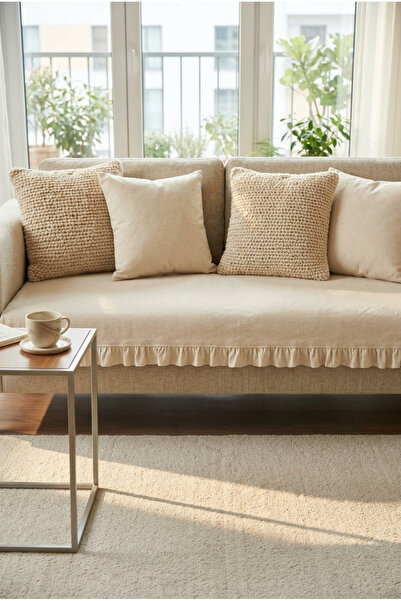 YUNUSOĞLU HOME Linen Cotton Sofa Cover Frilly Cream 90X200 cm Stylish and Nat...