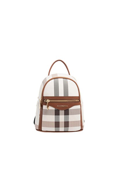 Silver Polo Silver & Polo SP983 Дамска раница с карирана шарка в кремаво-кафяво