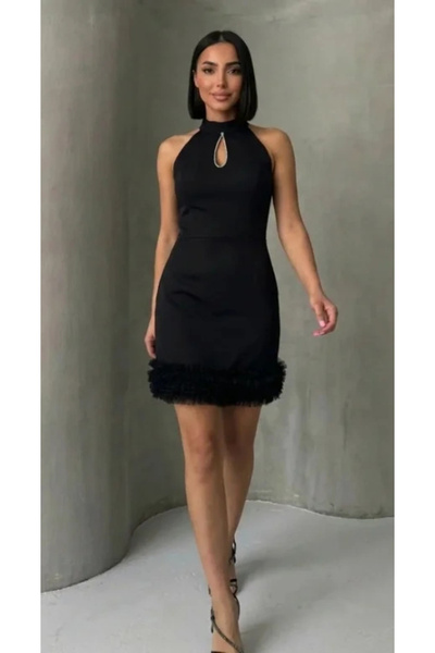 bysoca Women's Black Stoned Cut-Out Detail Halter Neck Short Mini Evening Dre...