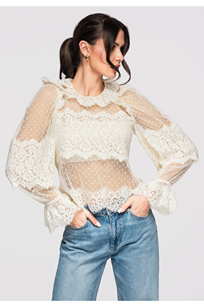 OMBRE Γυναικείο Μπλούζα Δαντέλα Διαφανής OW-TS-E0015 Εκρού