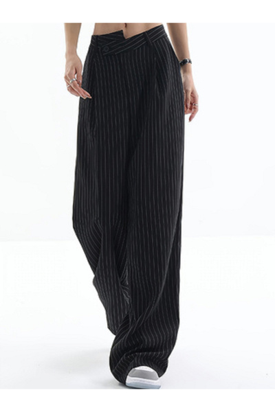 Take Two By Styli Black Pinstripe Wide Leg Trousers