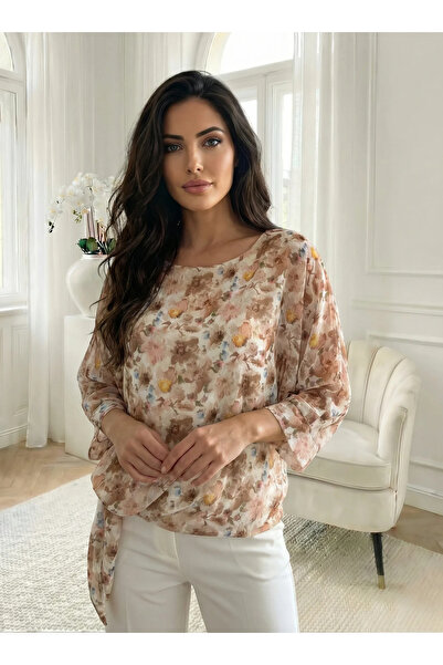 UniqueStore.ro Elegant beige blouse with floral print and decorative knot - O...
