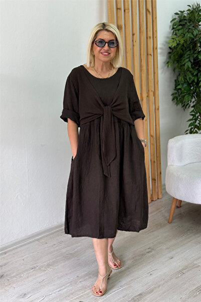 By Esra Celkan Coffee Mesh Tie-Detail Imported P Cotton K Linen Dress