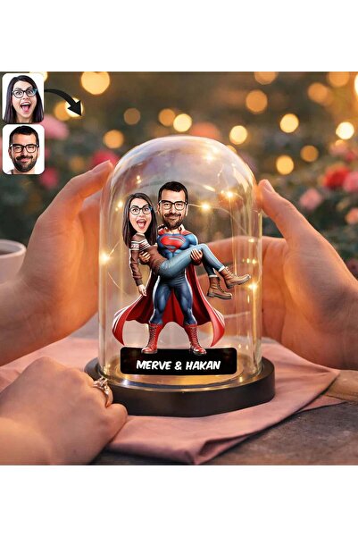 Bk Gift Süpermen Çift Tasarımlı Karikatür Led Işıklı Cam Fanus Biblo -1, Roma...