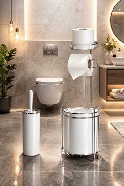 Okyanus Home حامل ورق تواليت بديل من الكروم - طقم حمام دائري أبيض مكون من قطعتين
