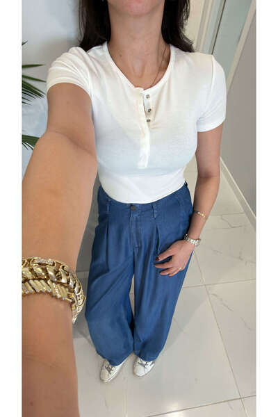 BİRCANÇİL Dlvin Siras Ecru Snap Button Short Sleeve Blouse