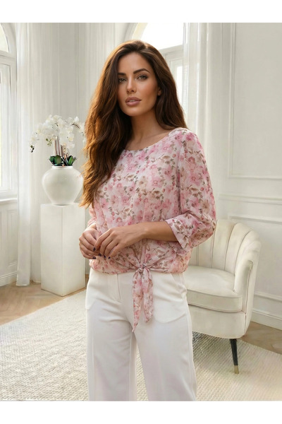 UniqueStore.ro Elegant pink blouse with floral print and decorative bow - One...
