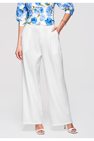 OMBRE Women's Wide Leg Pants OW-PA-E0001 Elastic Waist, Relaxed Fit White