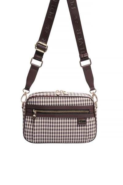 Silver Polo فضي وبولو SP1280 للنساء حقيبة عابرة للجسم قماش منقش خط مربع بني أ...