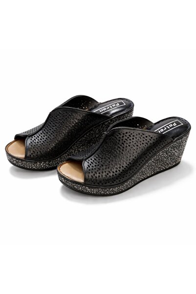 PATRON SHOES Genuine Leather Orthopedic Women Wedge Heel Slipper Black
