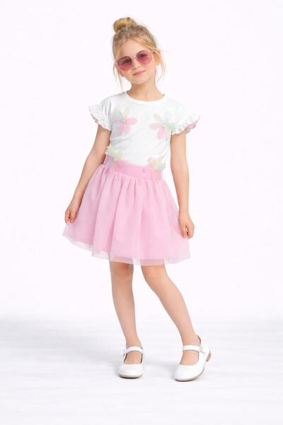 WİKİBOOM Set tricou cu aplicații florale și fustă pudră tul pentru fete – Com...