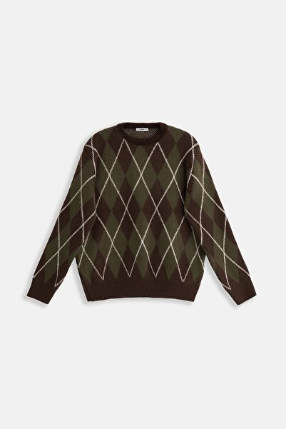 EBU Prive Women's Diamond Pattern Oversized Knitwear Sweater Brown