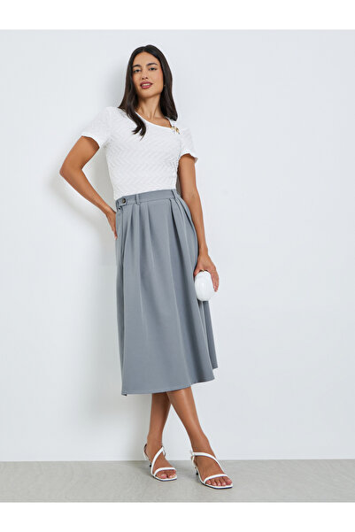 Styli Solid Waistband Elastic A-Line Midi Skirt