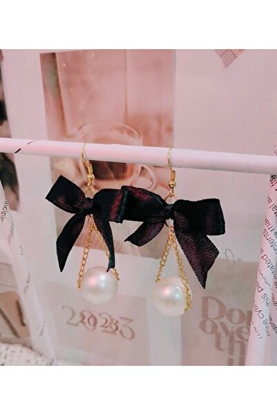 Shiklik Black Ribbon Pearl Detailed Dangle Earrings