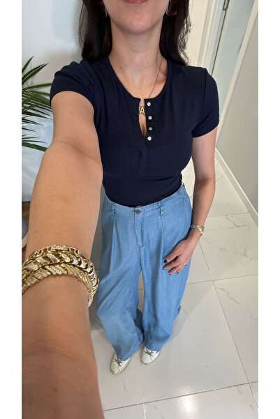 BİRCANÇİL Dlvin Siras Navy Blue Snap Button Short Sleeve Blouse