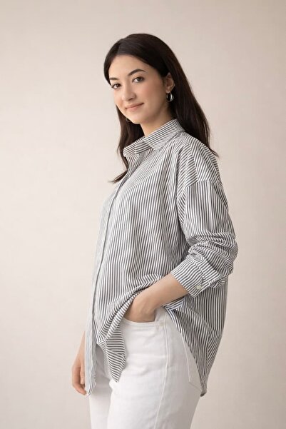 bb butik basic Women's Oversized Striped Shirt Tr3435