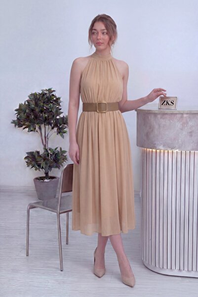 zks grup tekstil Women's Halter Neck Midi Length Belt Piece Dress Beige, Burg...
