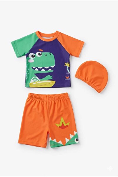 Beniizle Printed Patterned Boys' 3-Piece Swimsuit Set with Shorts