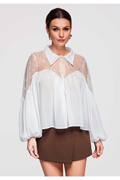 OMBRE Women's Elegant Lace Blouse OW-TS-E0026 White