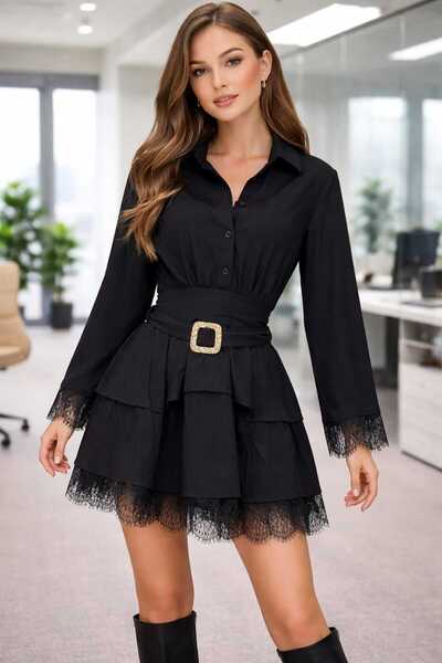 Miss Double Fabric Lace Detail Shirt Dress