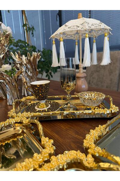 atabey home 1 Adet Baton Japon Gülü Gold Sunum Tepsisi & Kahve & Pasta/Börek Servis 32cm