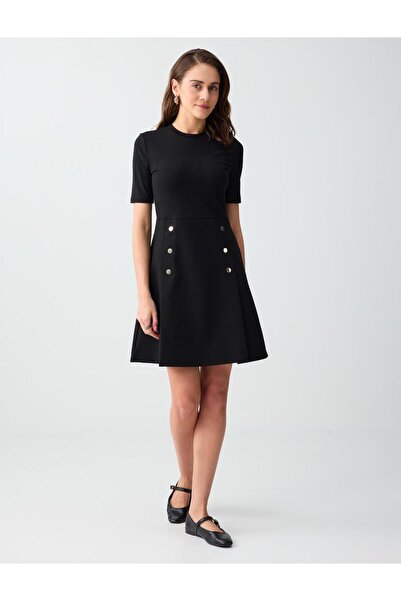 Jimmy Key Siyah Dar Kesim Bisiklet Yaka Kısa Kollu Örme Mini Elbise