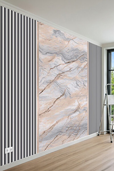 MİRAZAWALL Çizgili Panel ve Doğal Mermer Desenli Tek Parça Tekstil Duvar Kağıdı