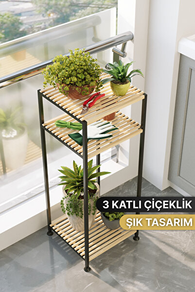 Bino 3 Katlı Paslanmaz Metal Ahşap Saksılık Bahçe Balkon Çiçeklik Organizer 9...