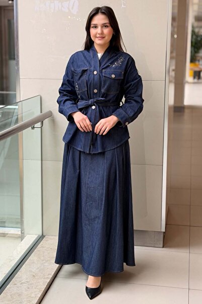 Ceremony Önden Fermuar Ve Pile Detaylı Denim Etek