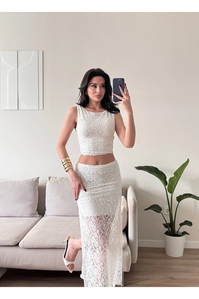 Zoom Butik Dantel Crop Üst Transparan Uzun Etek Takım - BEYAZ