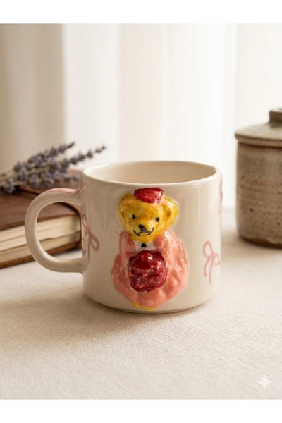 PALTO TASARIM Pink Teddy Bear Mug 3D Embossed Handmade Cream Glossy Mug - Han...