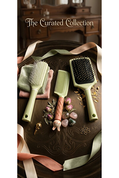 Makeup A variety of light green hair care tools, including a comb and two dif...