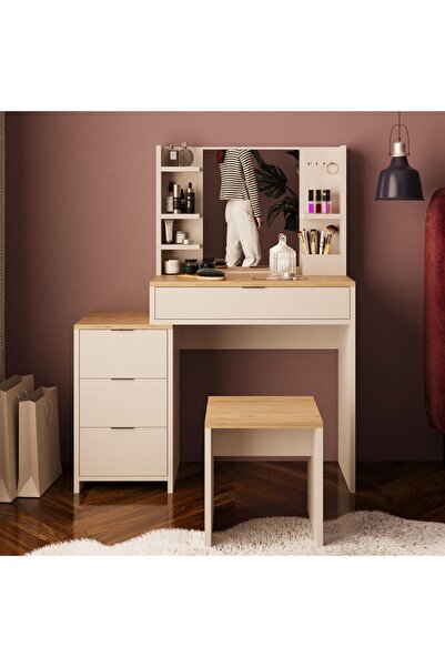 Bimossa V3060 İzabel Tabureli Makyaj Masası Sepet-Kumtaşı Aynalı, 3 Çekmeceli...