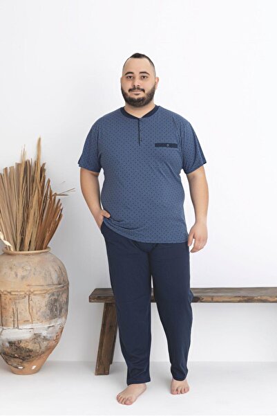 Tarık Men's Oversize 100% Cotton Half Button Navy Blue Dot Pattern Short Slee...