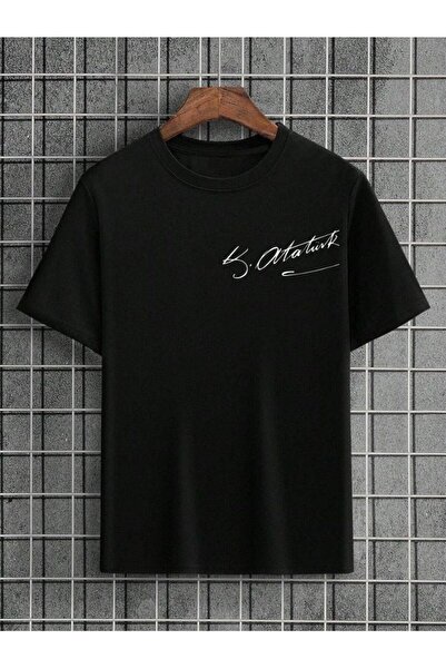 Atatürk Baskılı Milliyetçi %100 Organik Pamuklu Kalın Dokulu Oversize Bisiklet Yakalı Siyah T-shirt
