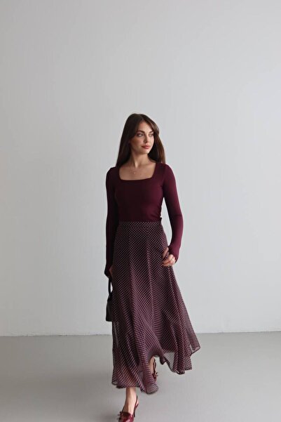 MAESTRO WOMAN Kadın Bordo Puantiyeli Şifon Dökümlü Uzun Etek